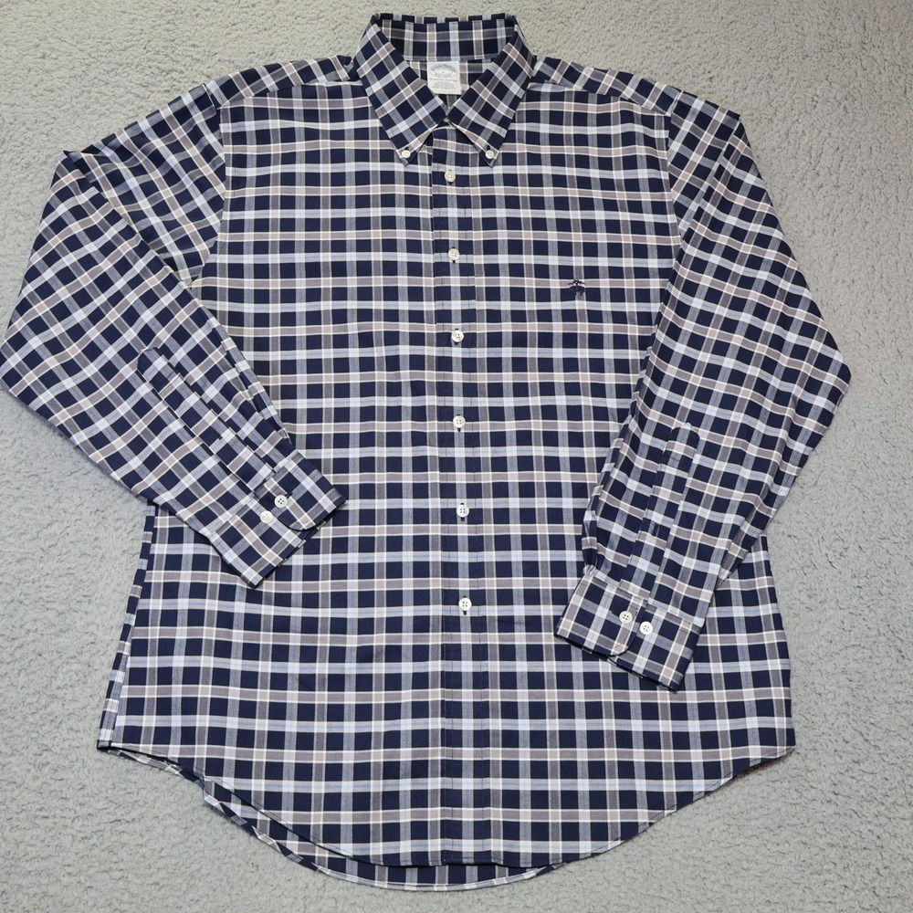 Brooks‎ Brothers Mens Non-Iron Supima Cotton Plaid Shirt Navy Blue Grey Large